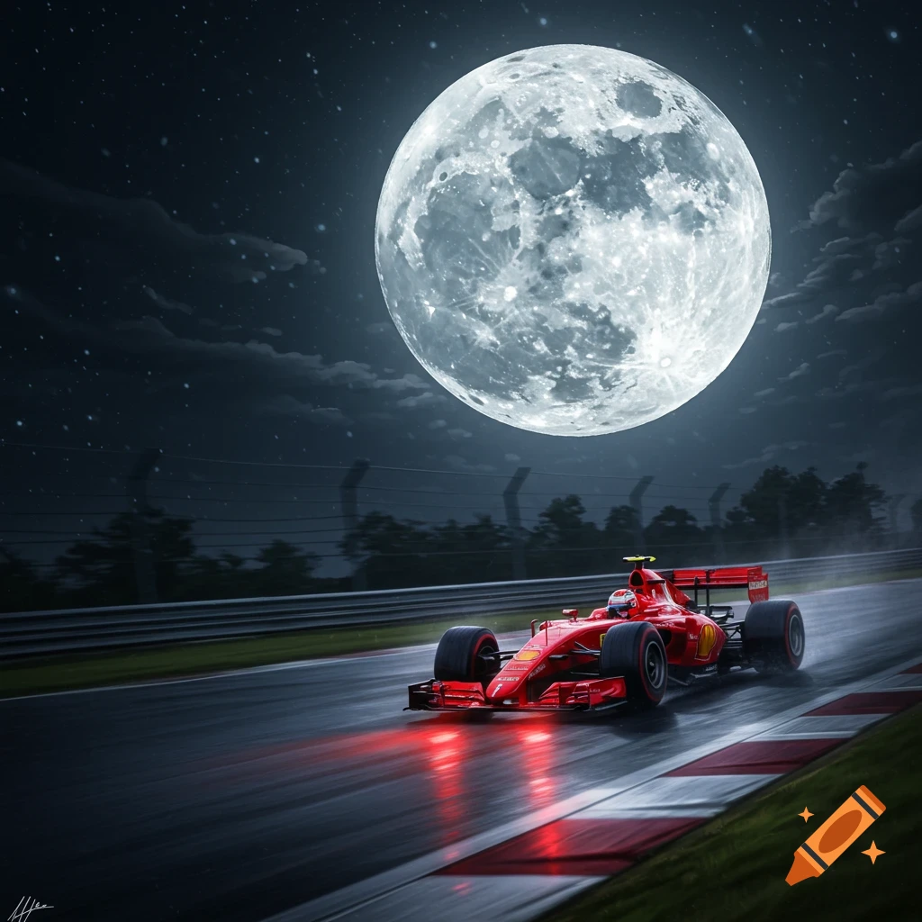 Red racecar races on a wet track under a giant full moon at night.