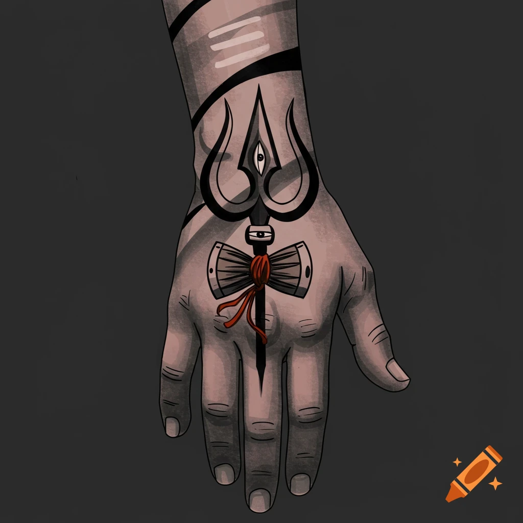 A hand with a large minimalist tattoo of Shiva's Trishul and third eye.