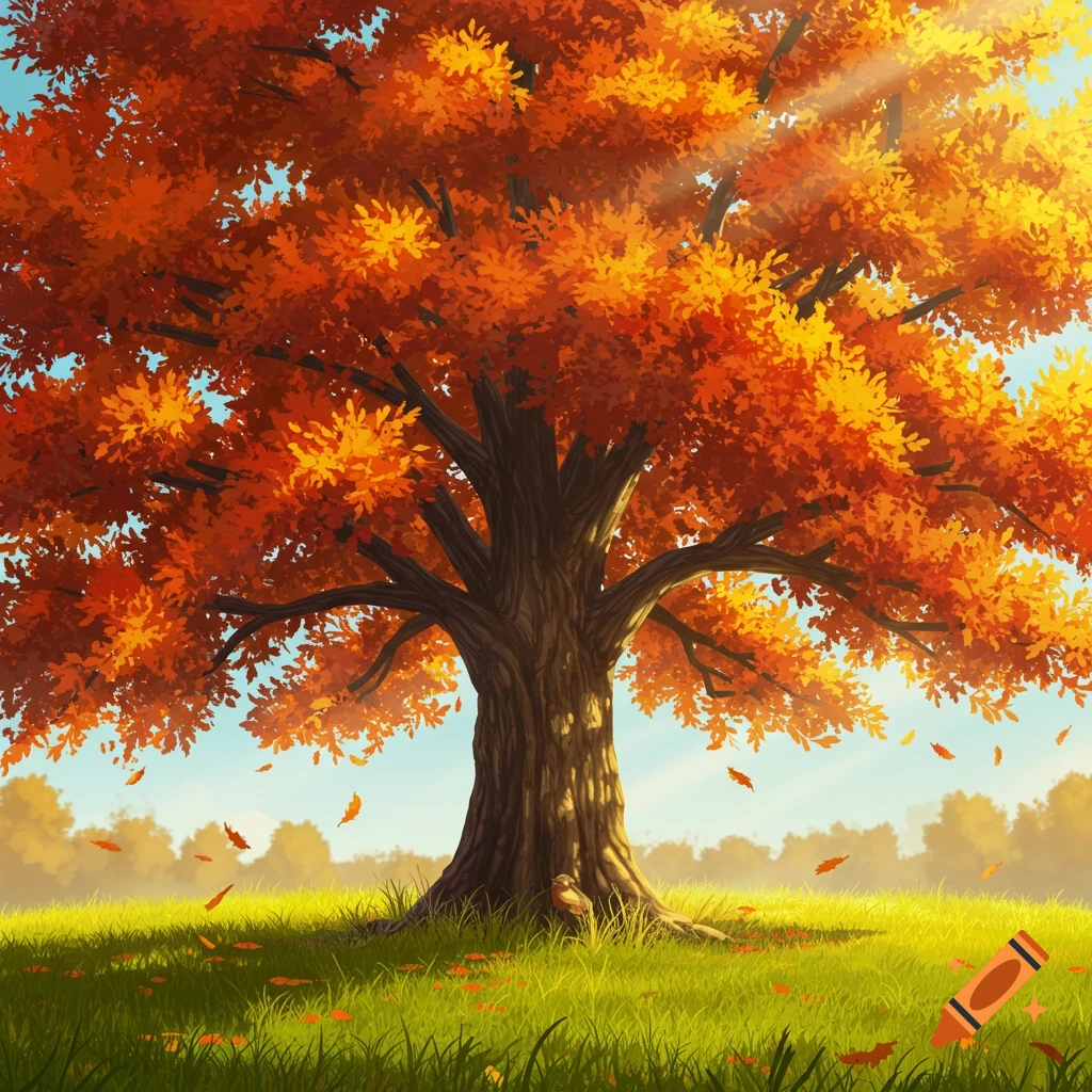A large oak tree with red and orange autumn leaves stands in a sunny meadow with fallen leaves and a small bird near the trunk.