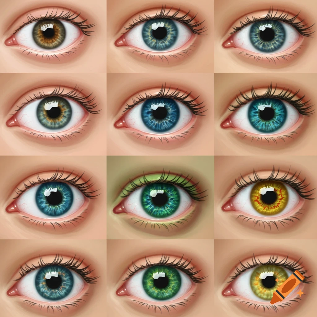 Grid of nine digitally painted human eyes with different iris colors