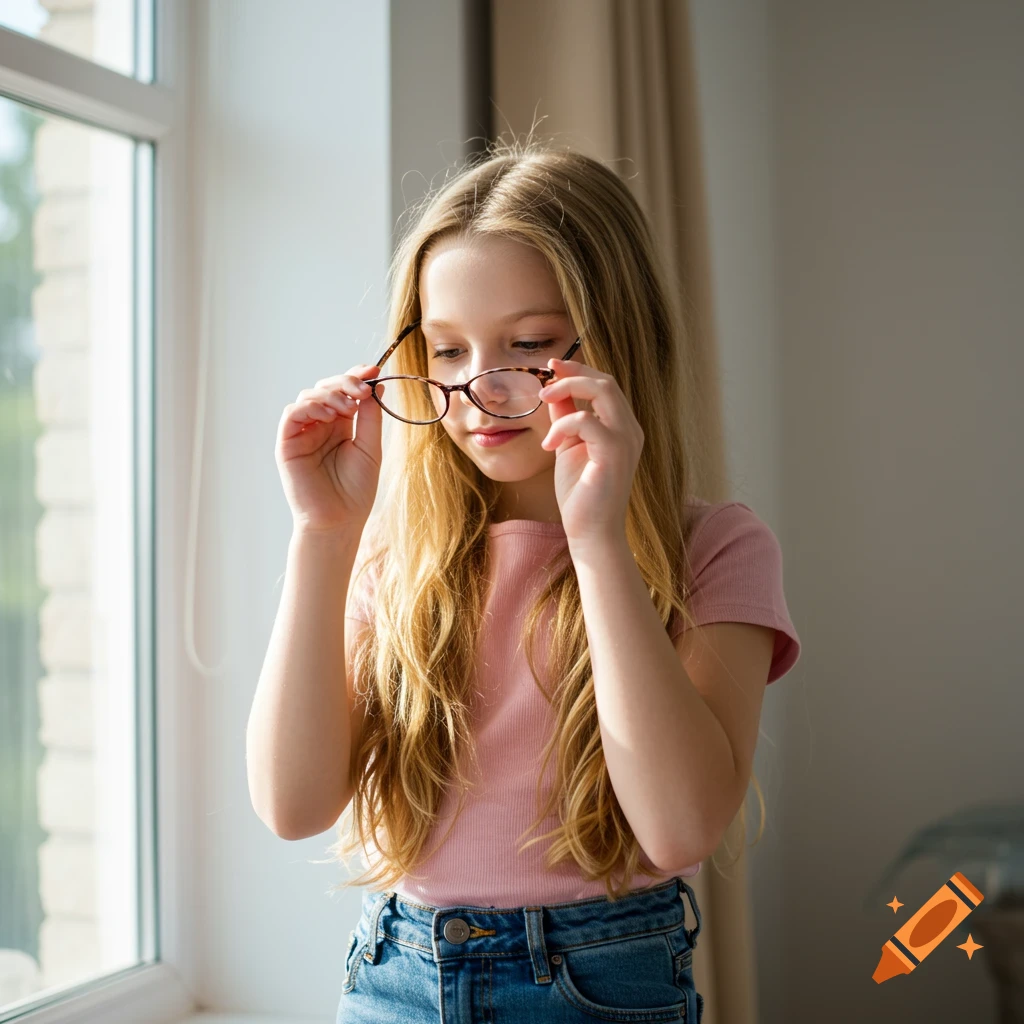 A young girl with long blonde hair, wearing a pink top and jeans, stands by a window holding her glasses.