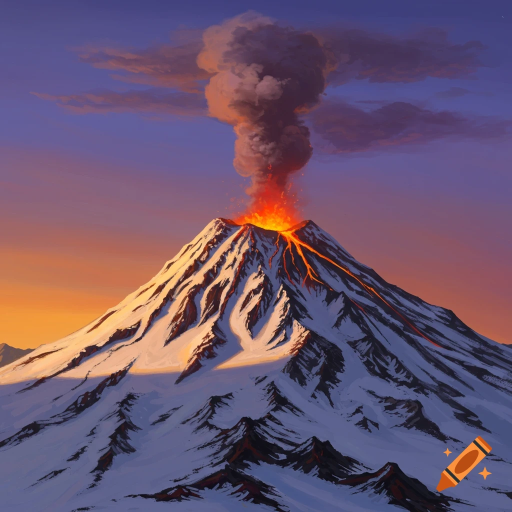 A snow-covered volcano erupting with smoke and lava flow at sunset.
