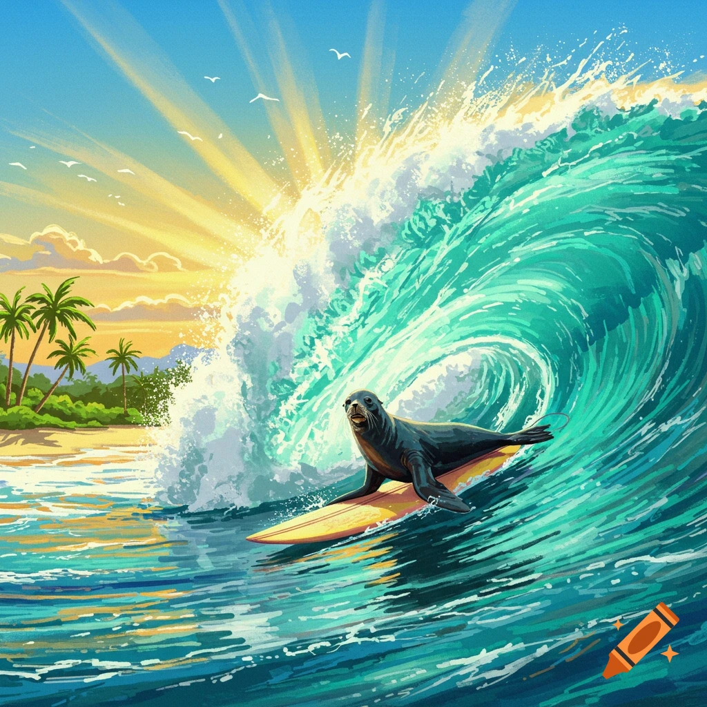 A seal surfing on a large wave near a tropical beach at sunset