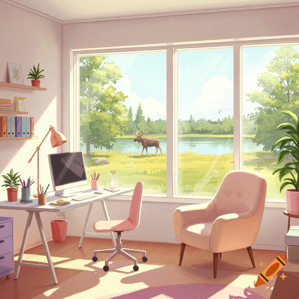 A bright office with a large window overlooking a landscape with a lake and a moose.