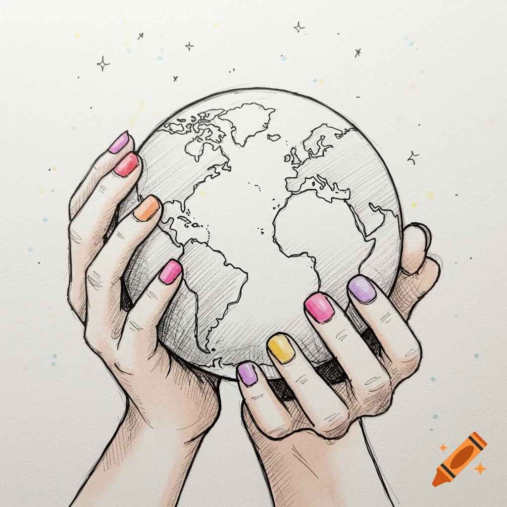 Sketch drawing of hands with painted nails holding the Earth.