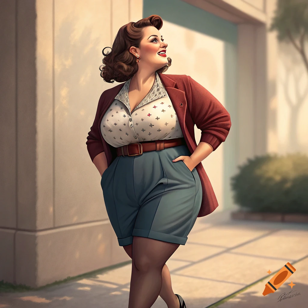 A woman in vintage pin-up style walks outside.