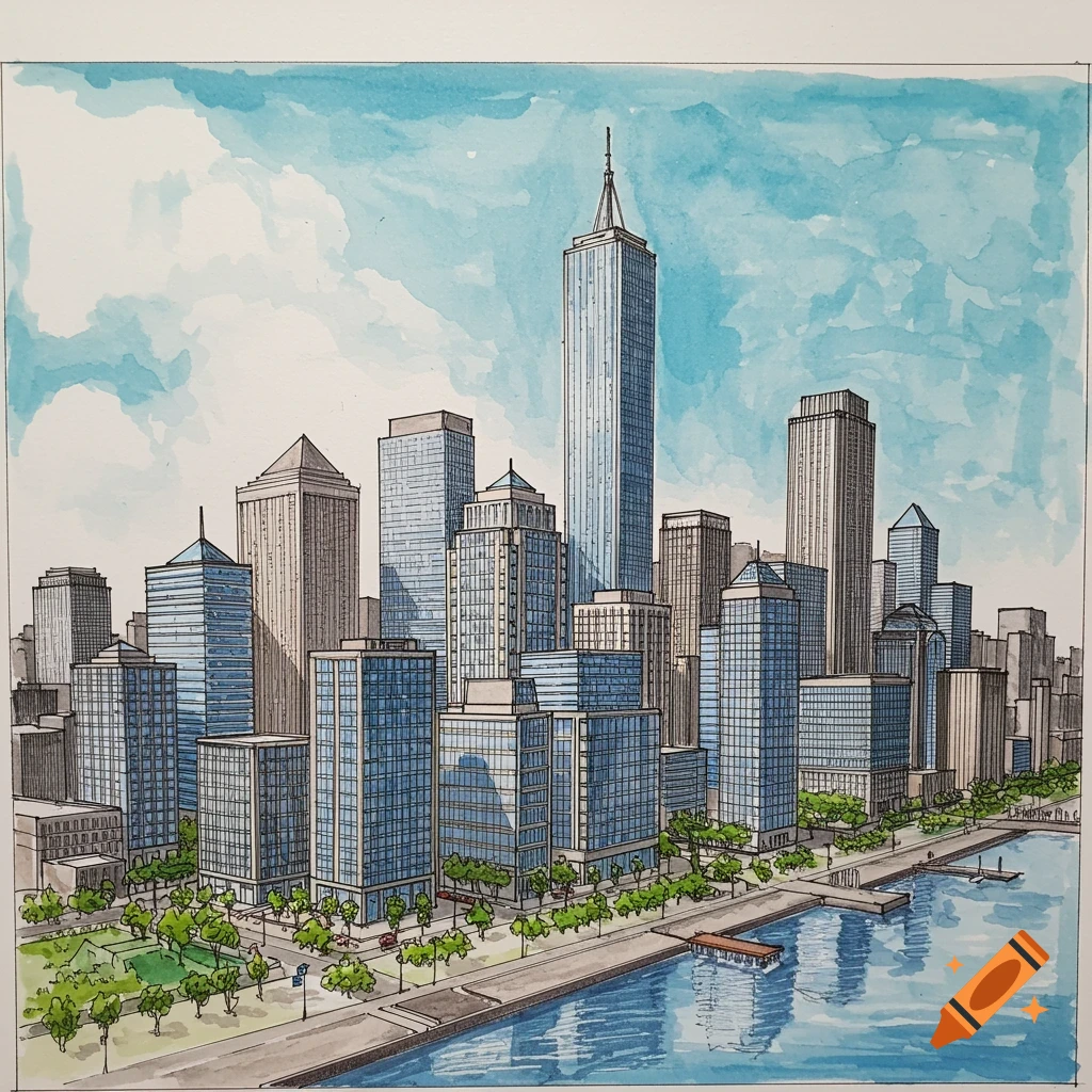 Drawing of a cityscape with skyscrapers along a waterfront, in watercolor and ink style.