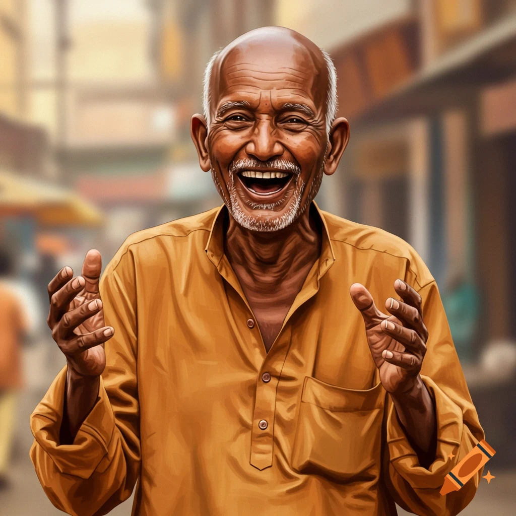 An older man who is bald with a white beard is laughing with his hands raised, in a blurred street.