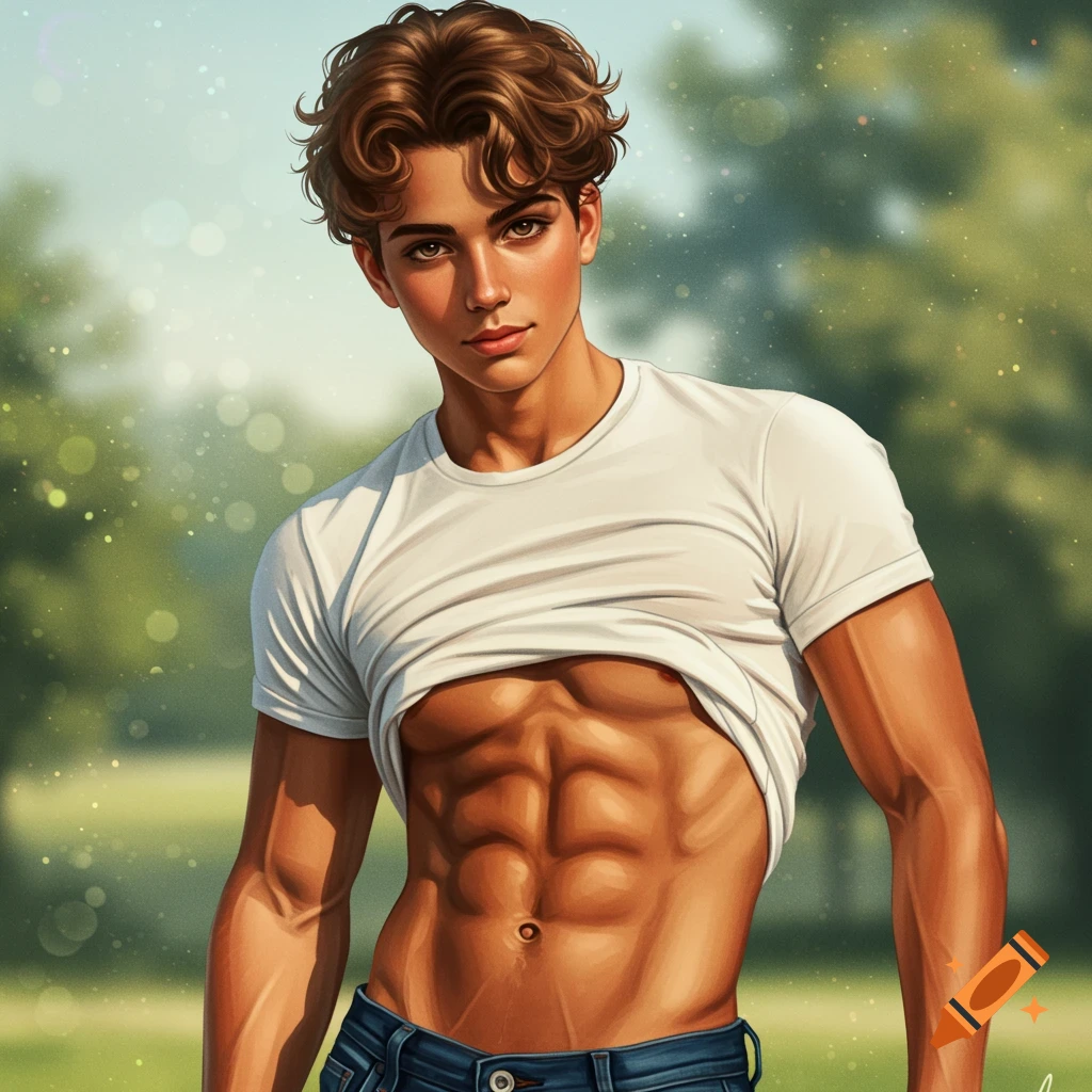 A muscular young man lifting his white shirt to show his abs, standing outdoors