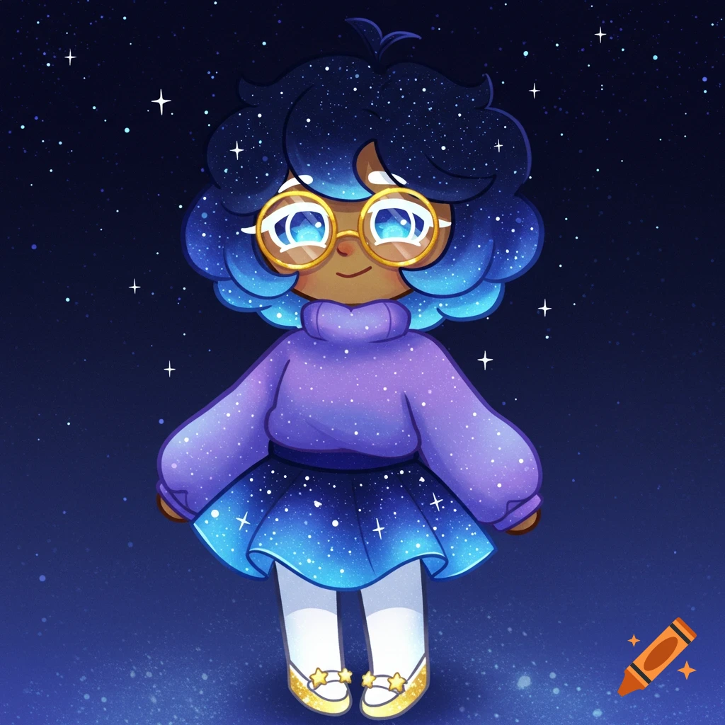 A cute cartoon character with starry blue hair, glasses, a purple sweater, and a blue skirt, standing in a starry space background.