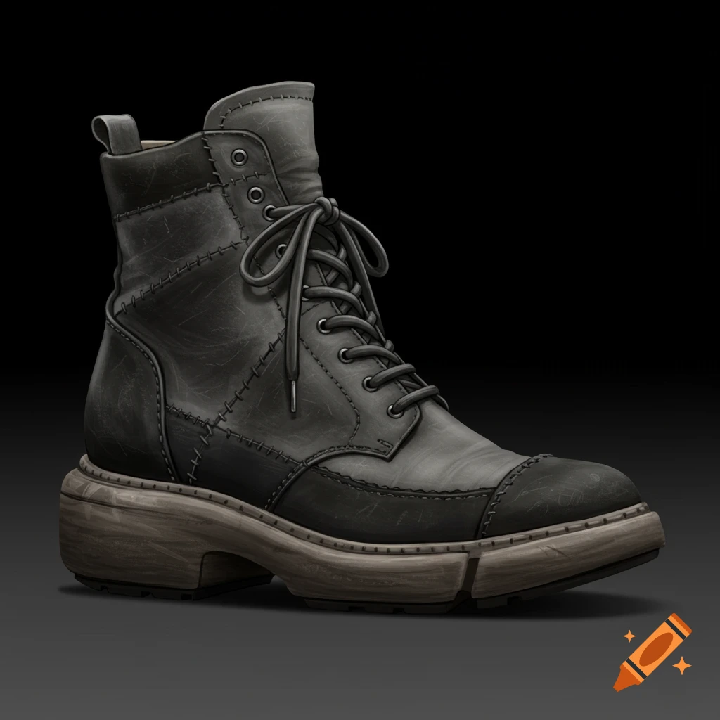 A black leather boot with a thick sole.