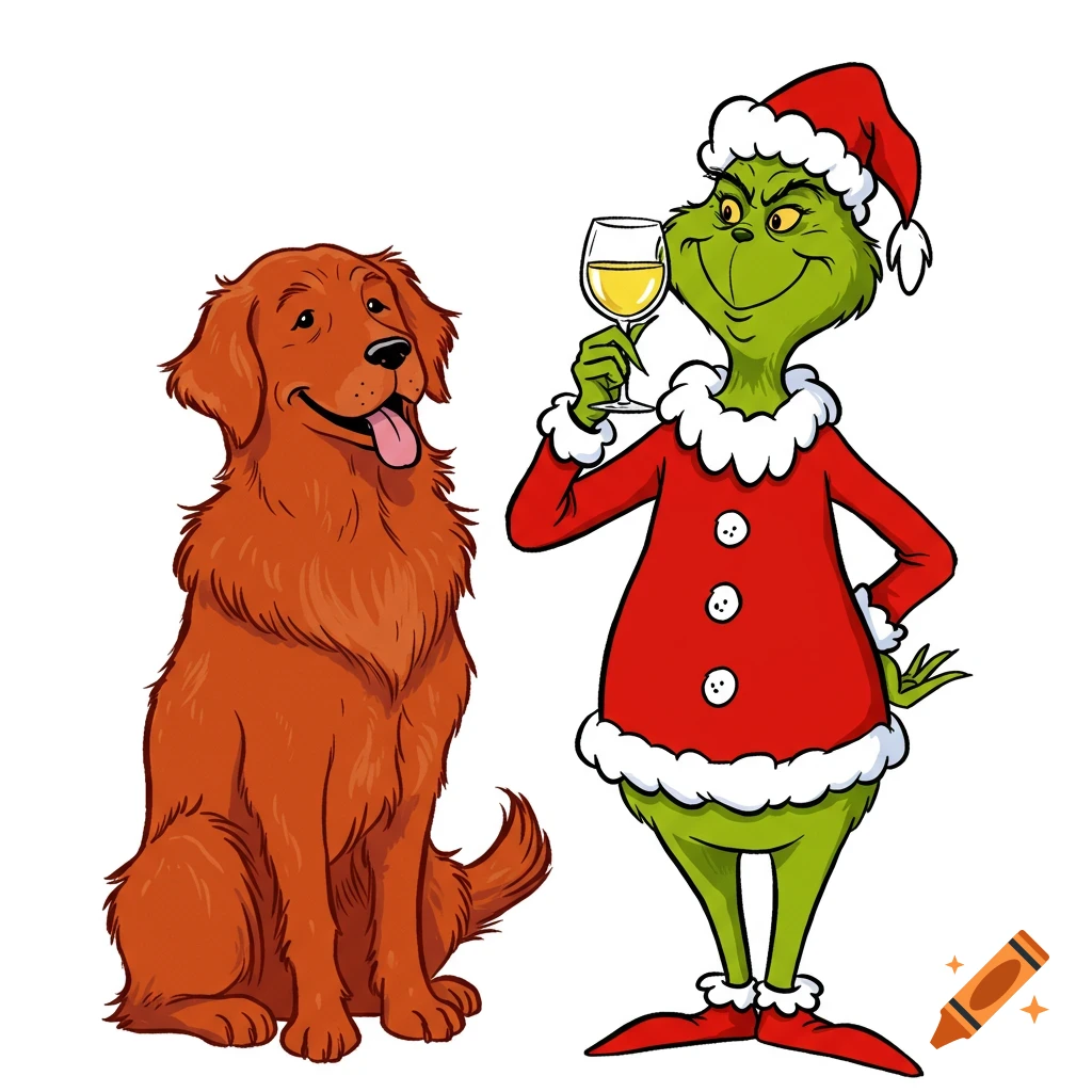 Illustration of a golden retriever and the Grinch in a Santa outfit holding a glass of wine.