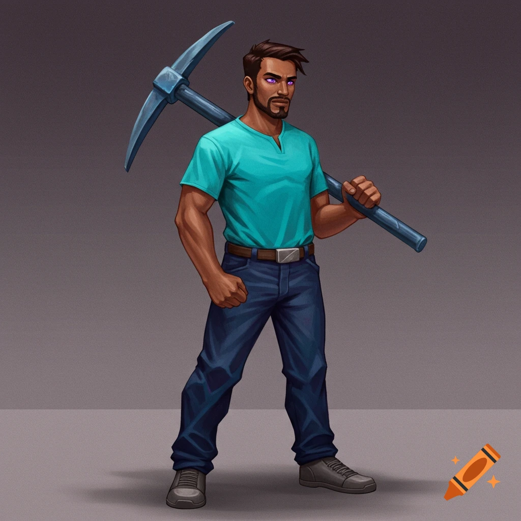 A tan-skinned man in a cyan shirt and blue pants is holding a pickaxe over his shoulder.