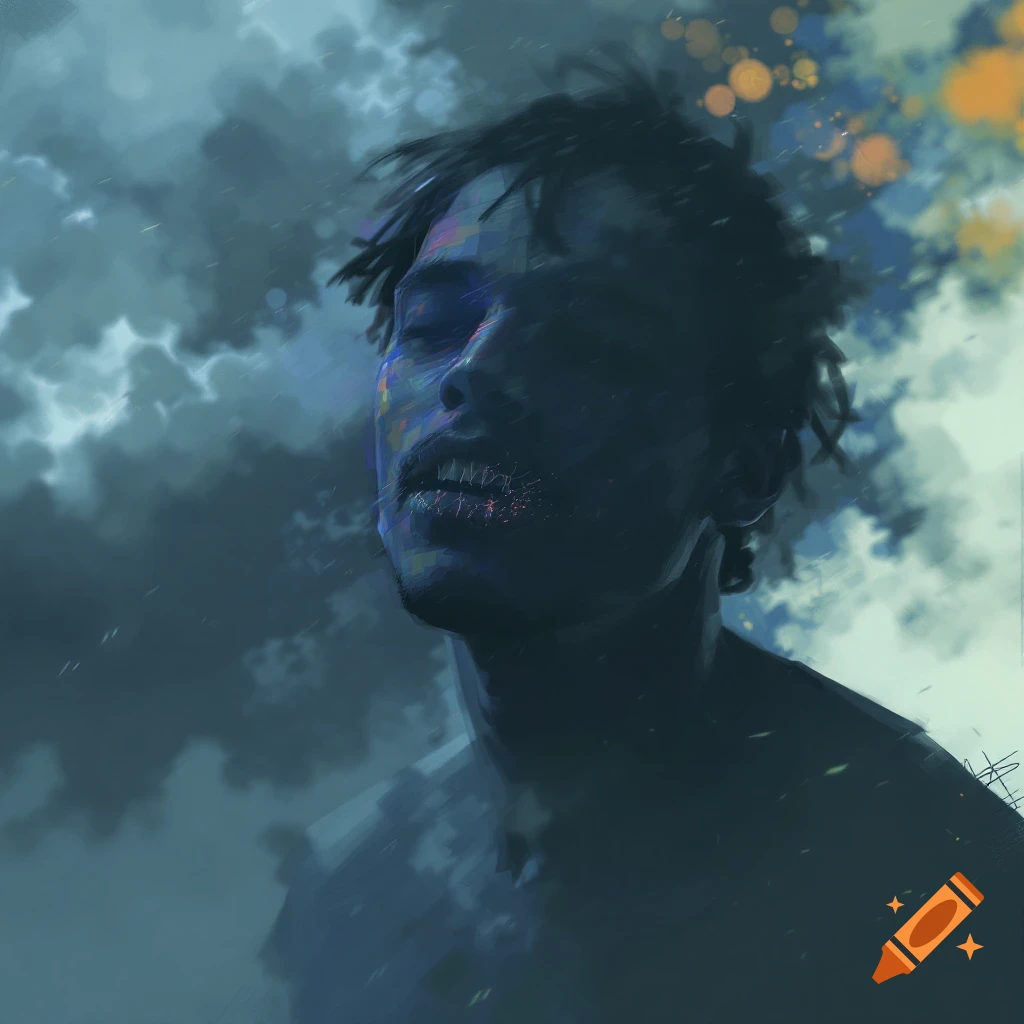 A man's head is shown against a cloudy sky, with abstract colors on his face.