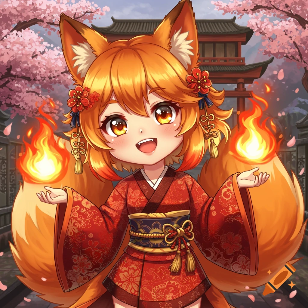 Anime illustration of a cute fox girl in a red kimono holding fire, standing in a cherry blossom garden.