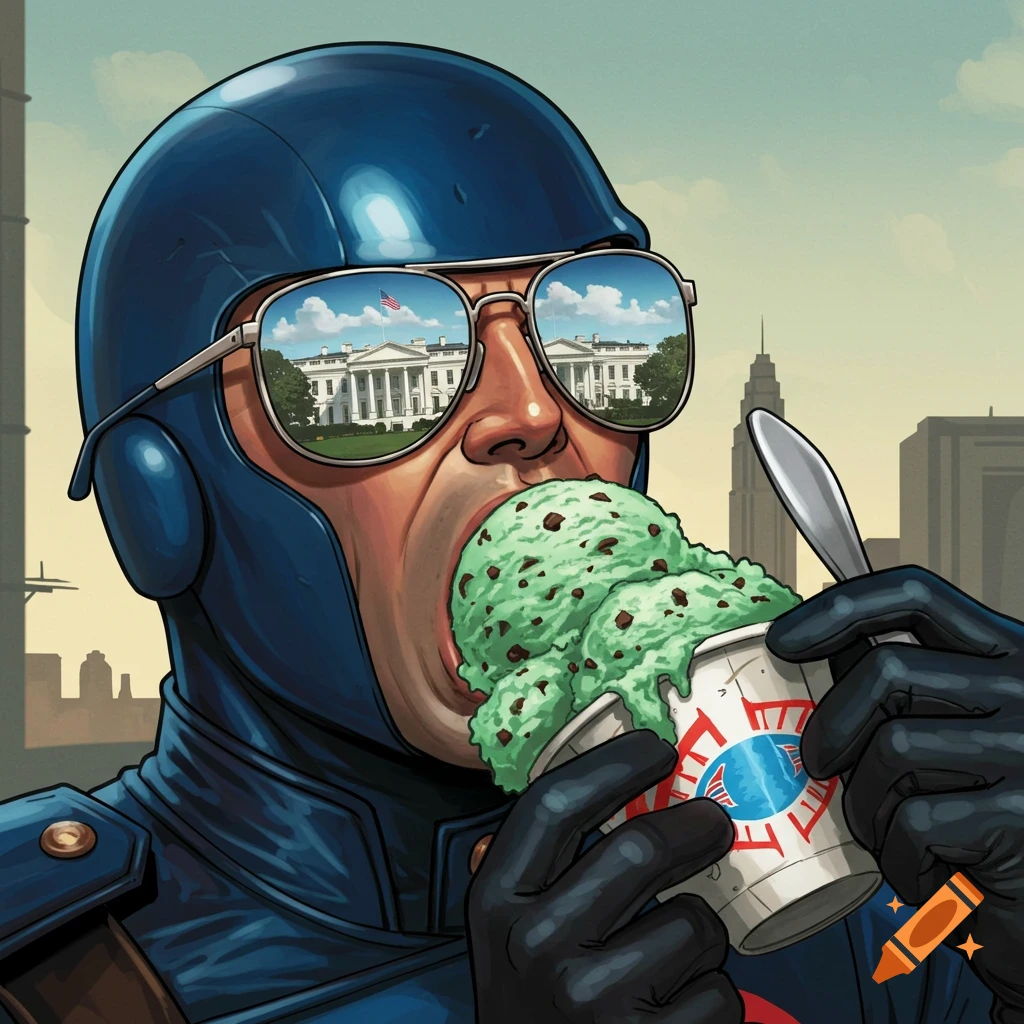 Cobra Commander eats mint chocolate chip ice cream from a cup, wearing aviator sunglasses reflecting the White House. Digital illustration.