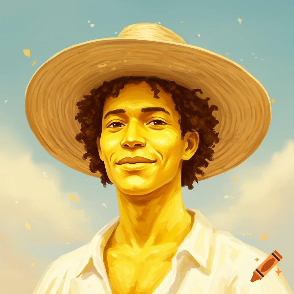 A man with yellow skin wearing a straw hat against a sky background.