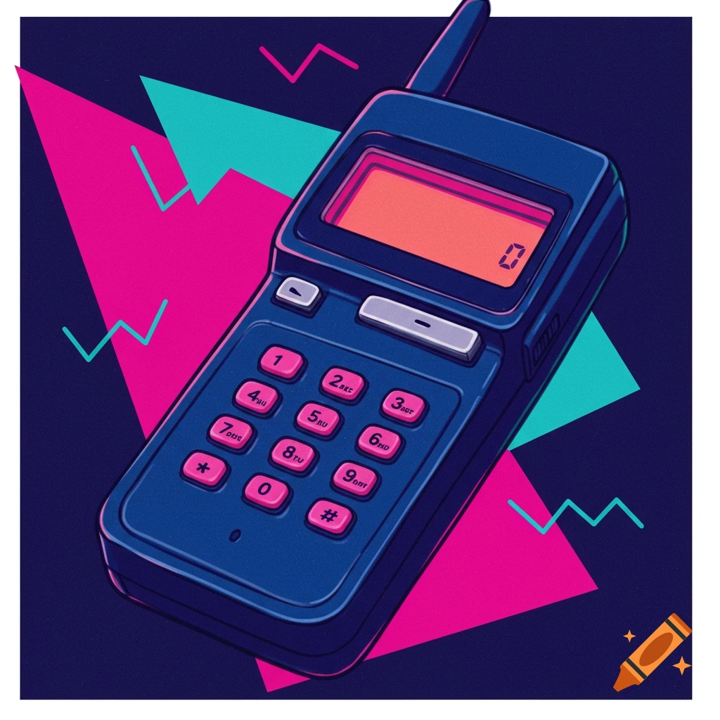 A retro image of a dark blue 1980s style beeper or portable phone with pink buttons and a bright orange screen. Geometric pink and teal shapes are in the background.