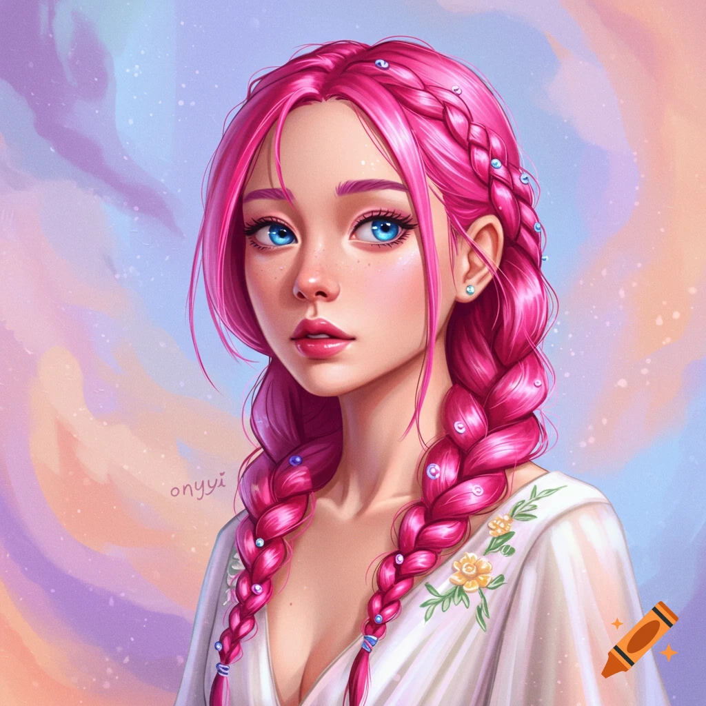 A young woman with pink braided hair and blue eyes, wearing a white dress with floral embroidery.