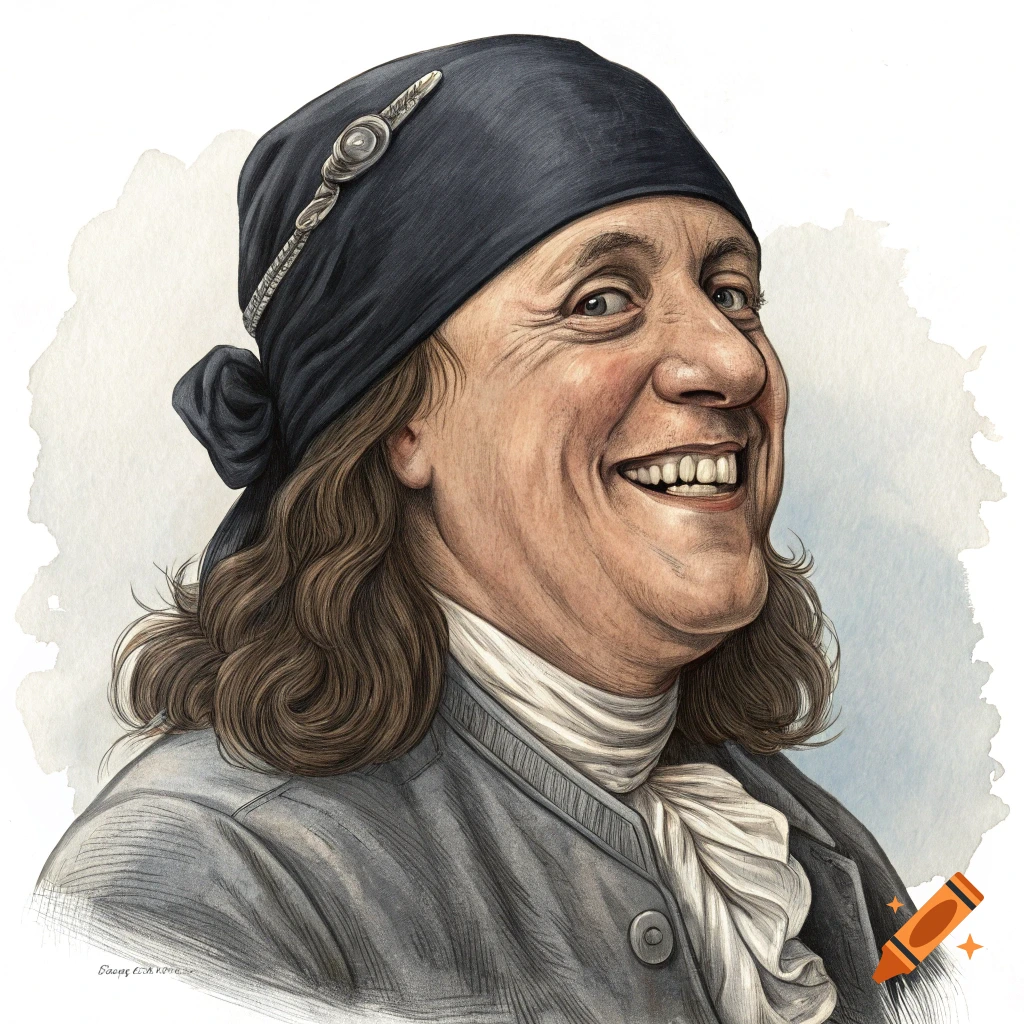 Caricature portrait of Benjamin Franklin smiling, wearing a black durag and a silver grill.