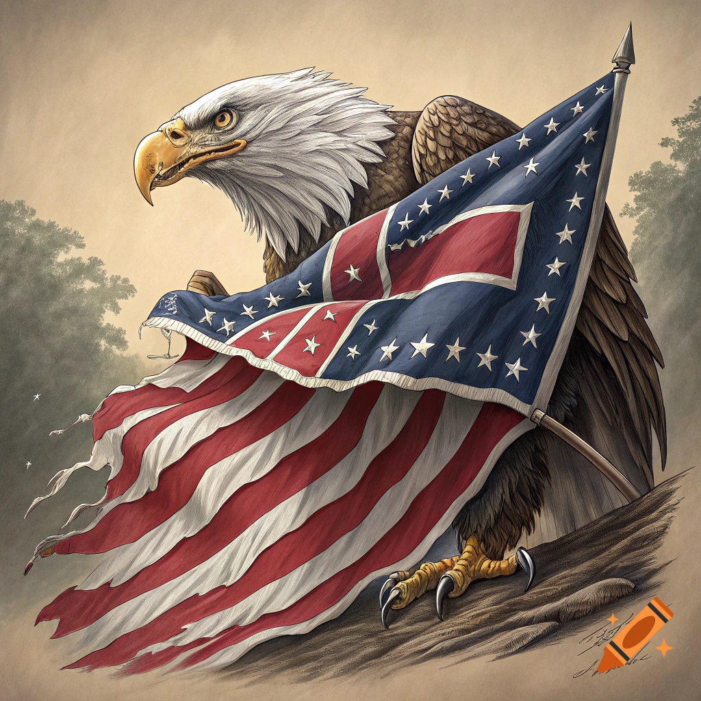 Illustration of a bald eagle holding a combined US and Confederate flag.