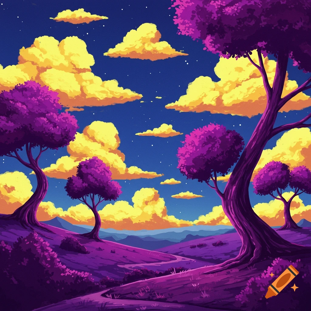 A stylized landscape with purple trees and yellow clouds under a starry sky.