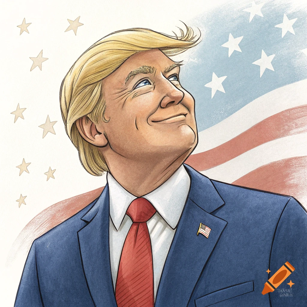 Cartoon drawing of a politician in a suit looking up at an American flag background.