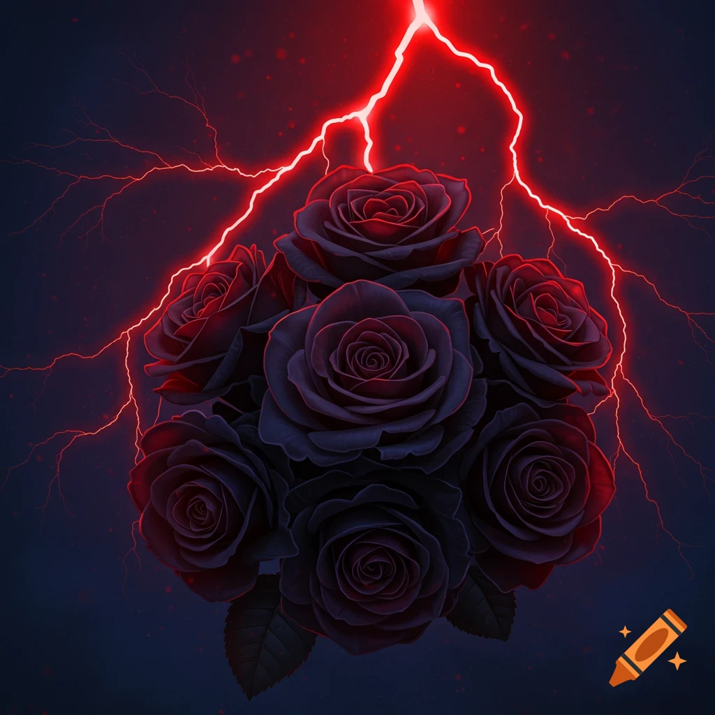 black roses under red lightning