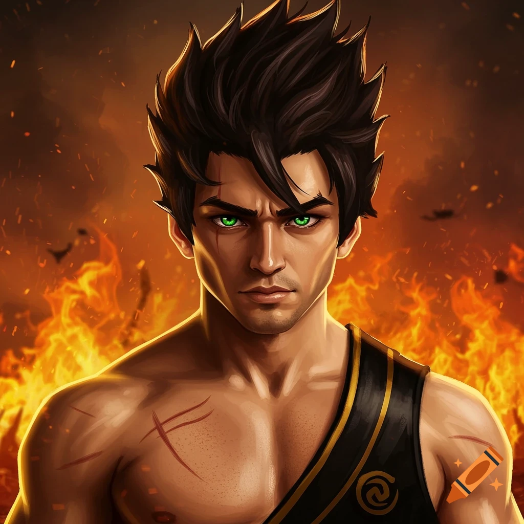 Illustration of a male fantasy character with green eyes and scars standing in front of a fiery background.