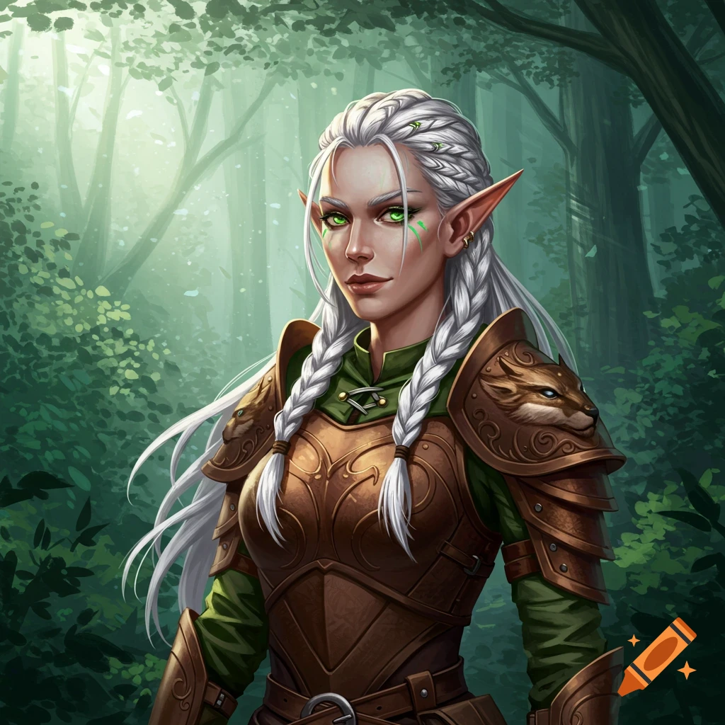 Half elf ranger woman with long braided platinum hair, green eyes, and brown armor standing in a forest.