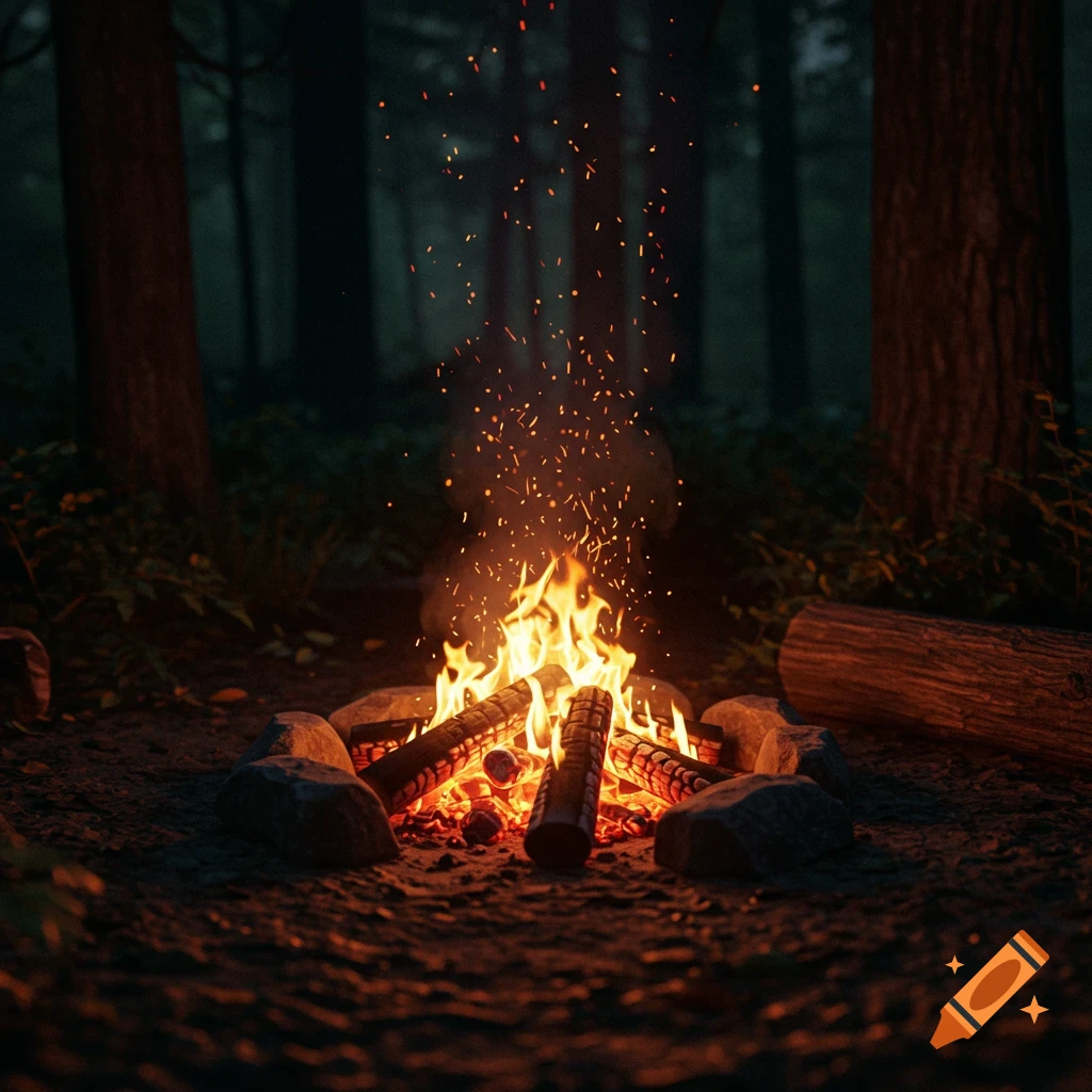 A campfire burns brightly at night surrounded by rocks in a dark forest.