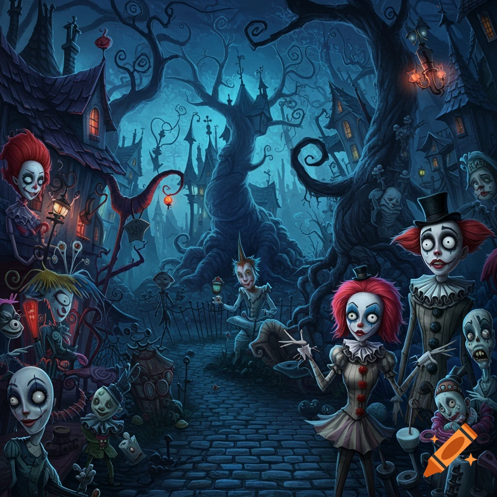 Dark spooky street with creepy clown characters and gothic buildings in a Tim Burton art style.