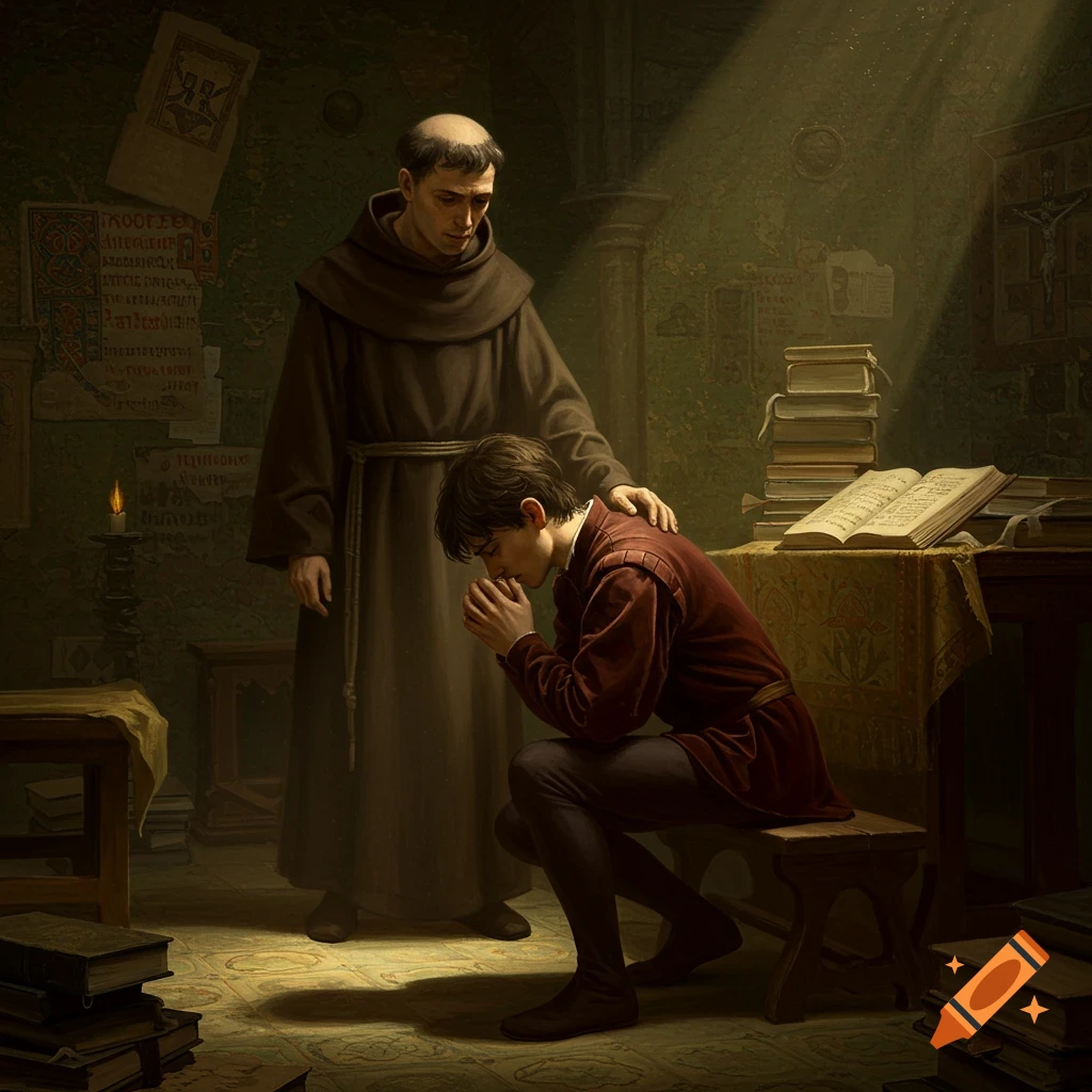 A friar comforts a kneeling young man in a room filled with books.