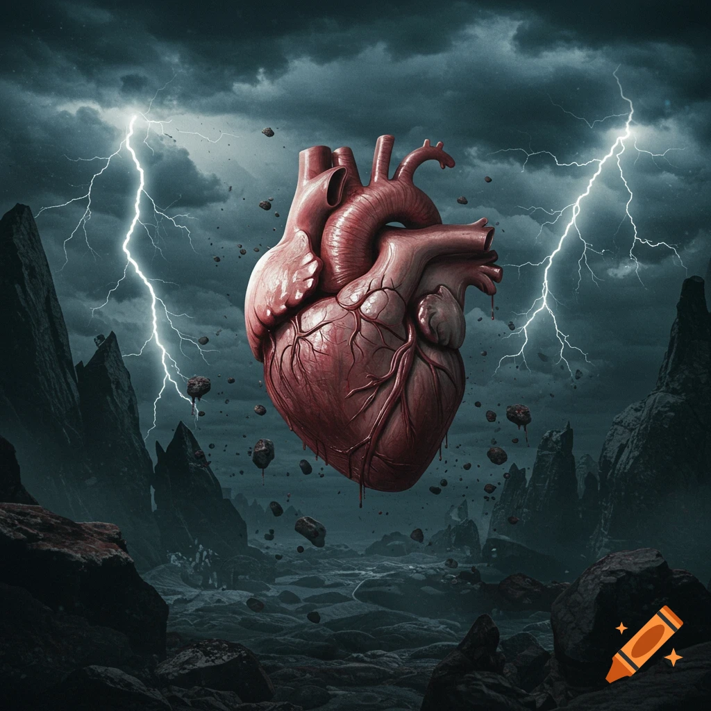 A human heart floating in a dark, stormy landscape with lightning.