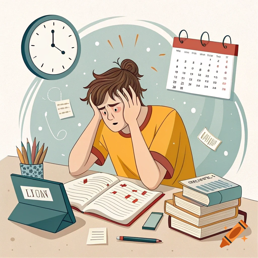 Illustration of a stressed student sitting at a desk with books, a laptop, clock, and calendar.