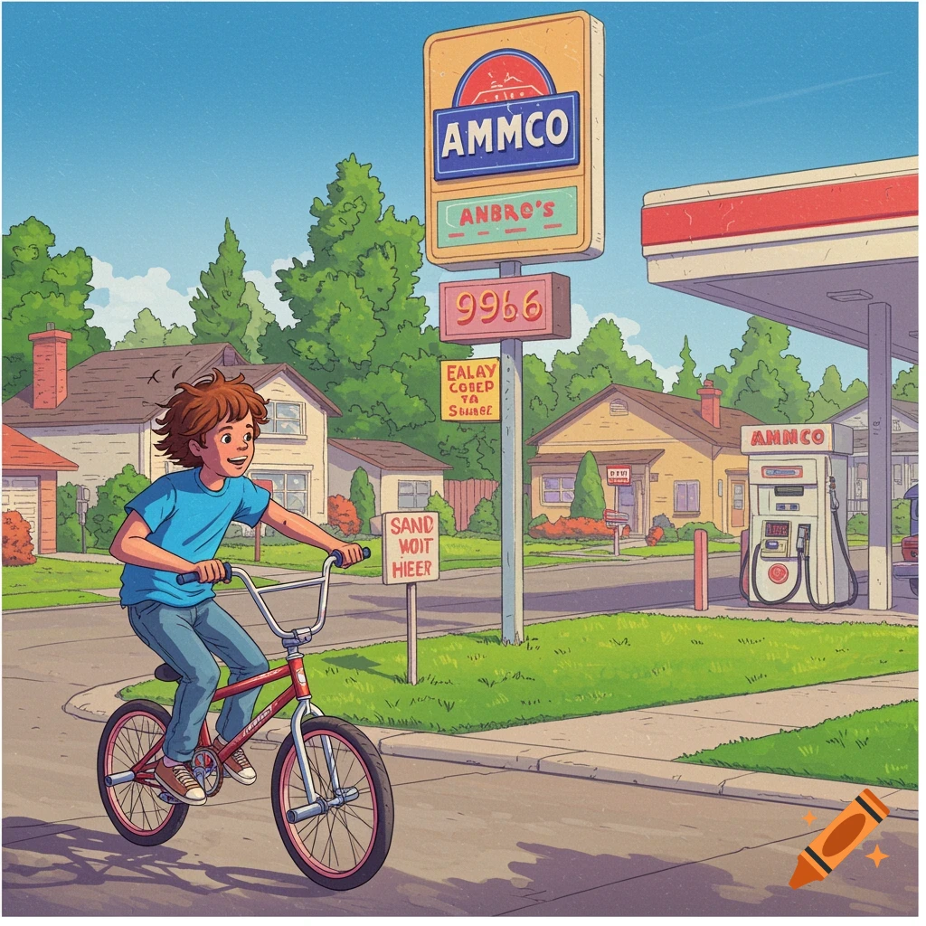 A boy rides a red bicycle down a suburban street towards a gas station, 90s cartoon style.
