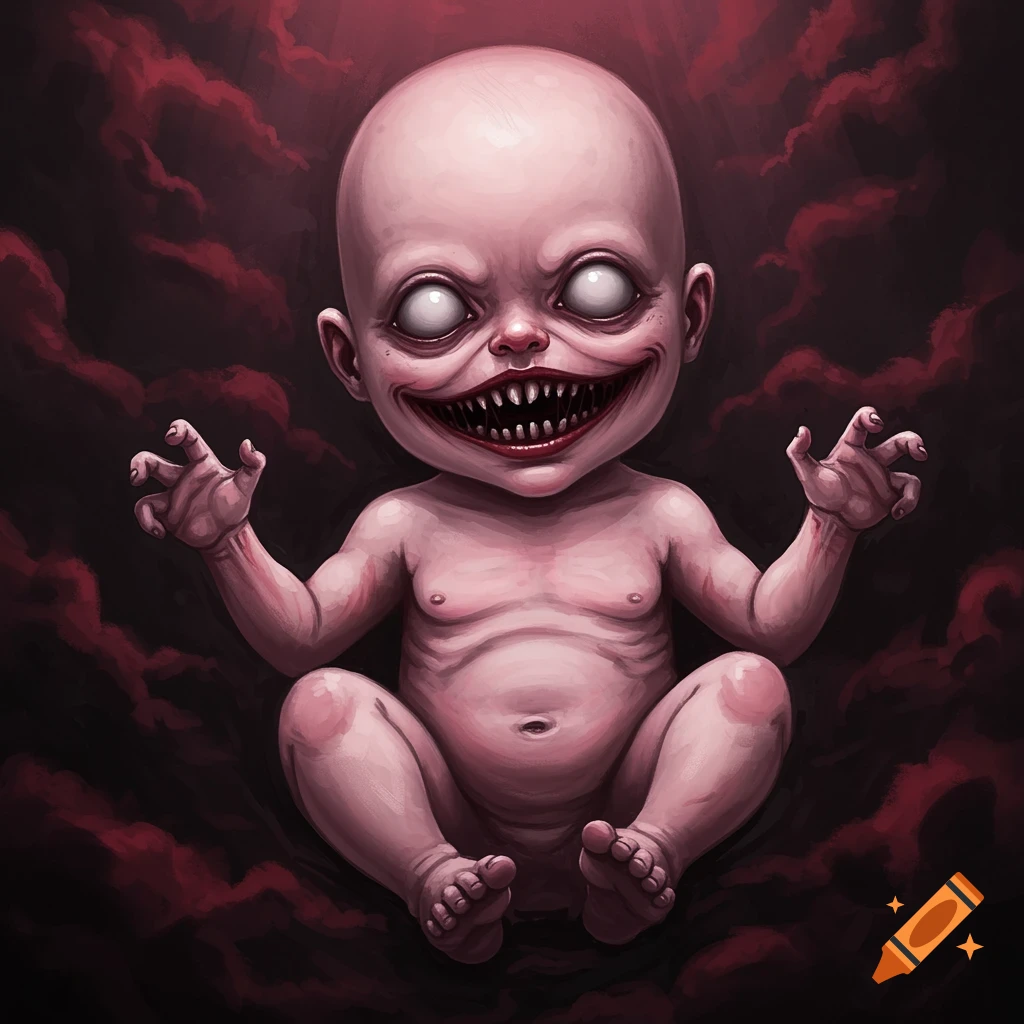 A terrifying infant with vacant eyes and sharp teeth against a dark background with red clouds.