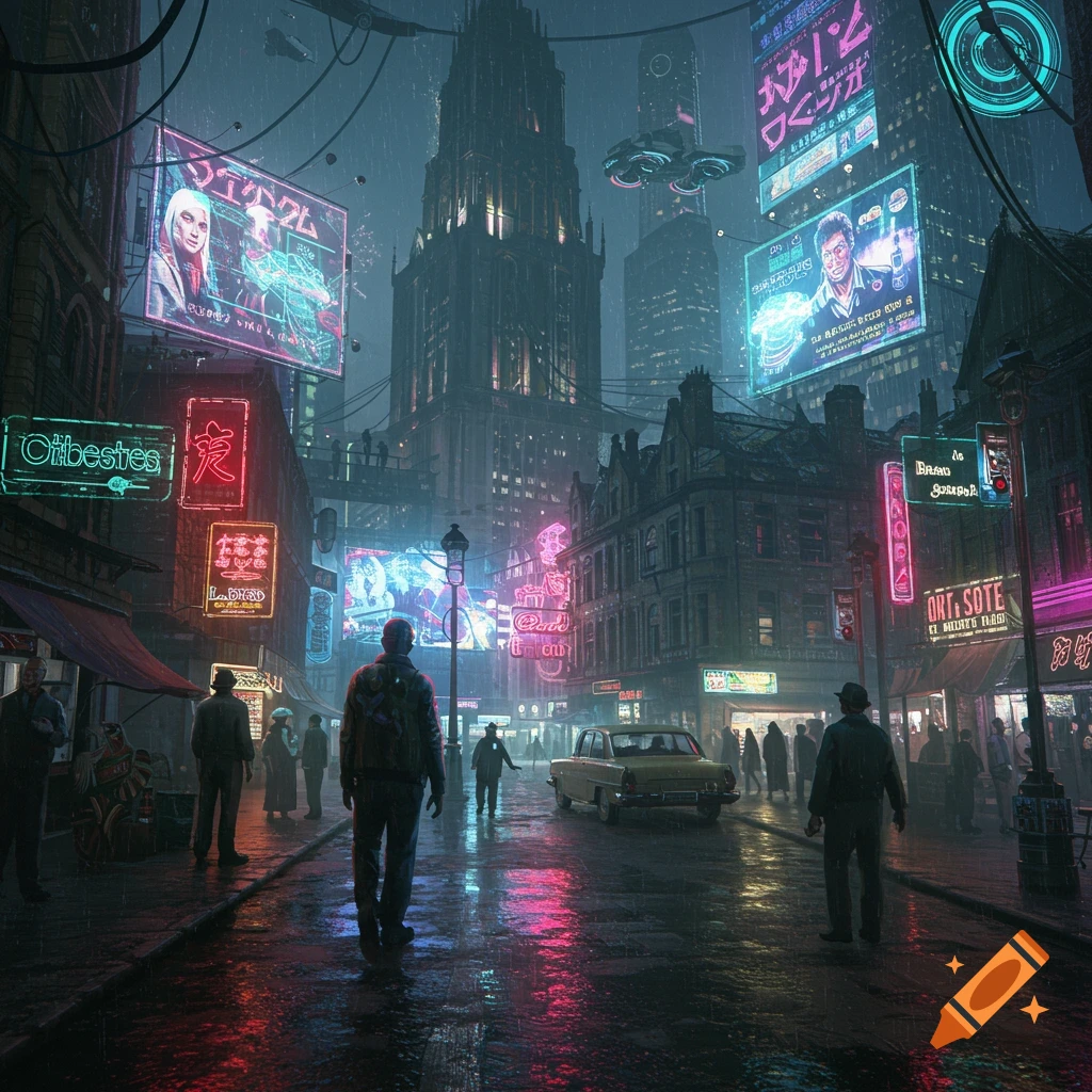 A rainy street scene in a neon-lit cyberpunk city with figures and a car.