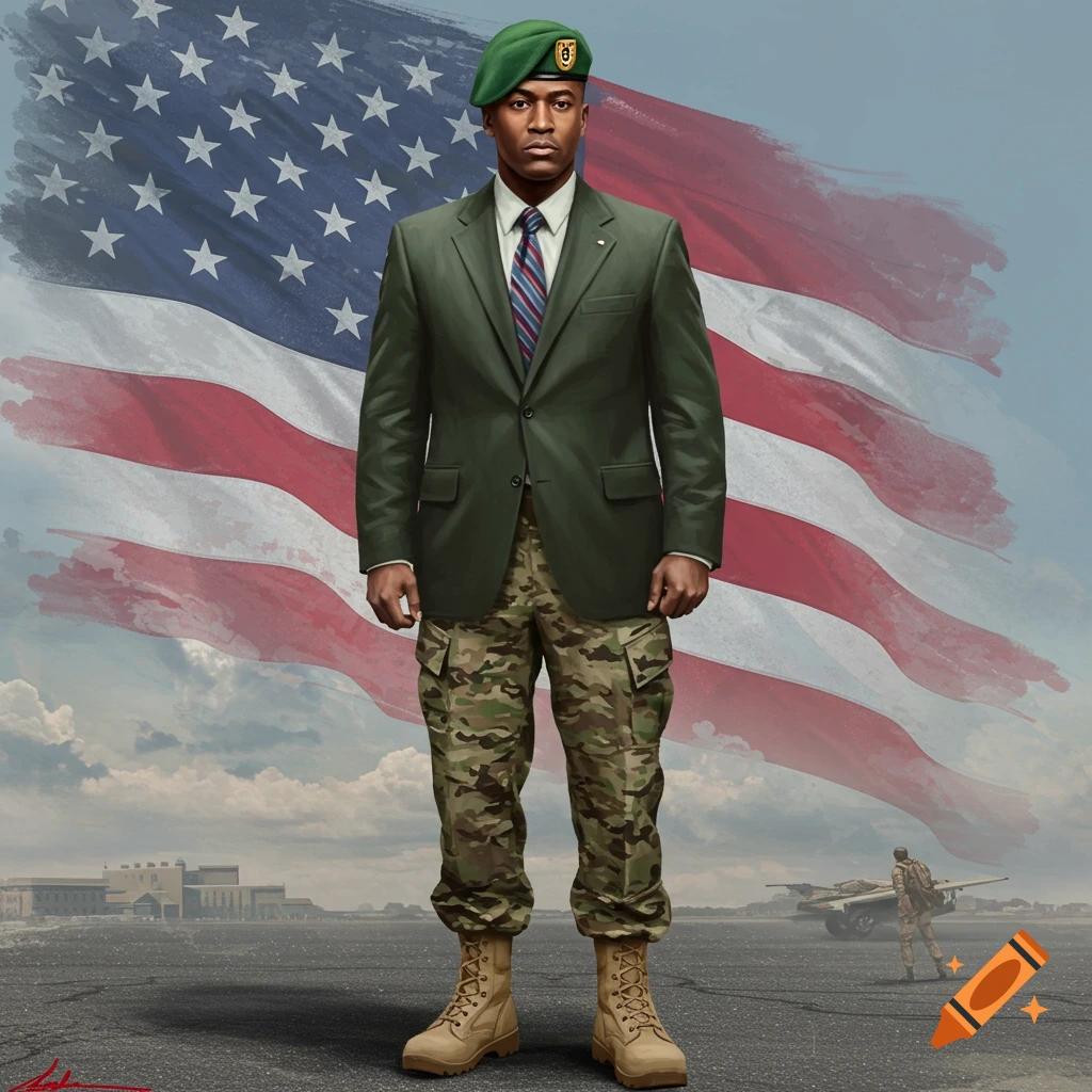 A man in a green beret, suit jacket, and camo pants stands before a large US flag on an airfield.