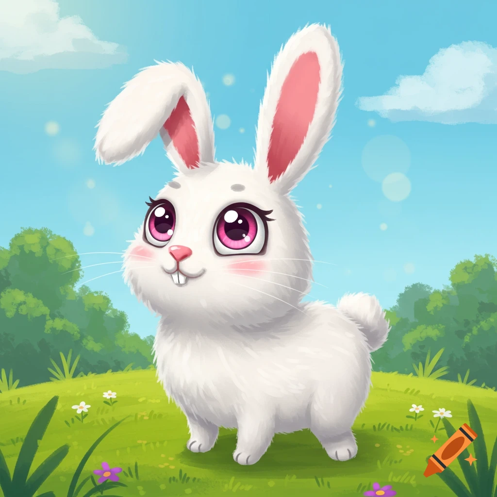 A cute cartoon bunny stands in a grassy field.