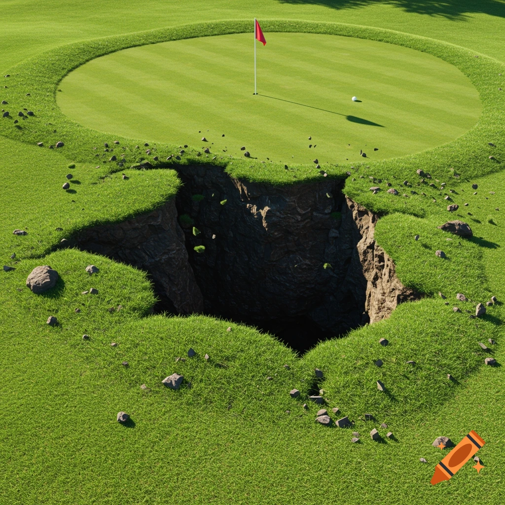 A golf green with a large earthquake chasm.