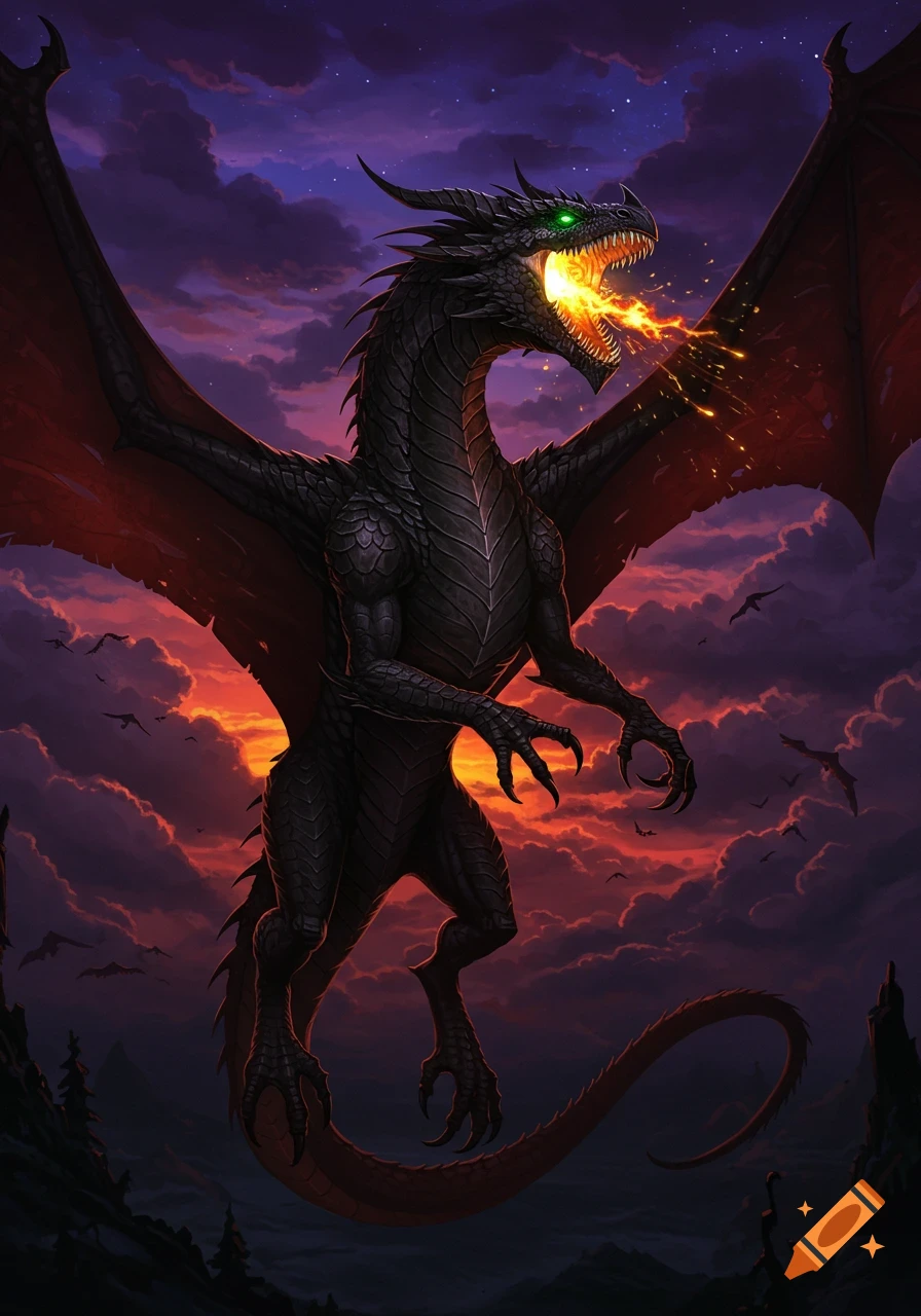 A black dragon breathing fire flies against a dark sunset sky.