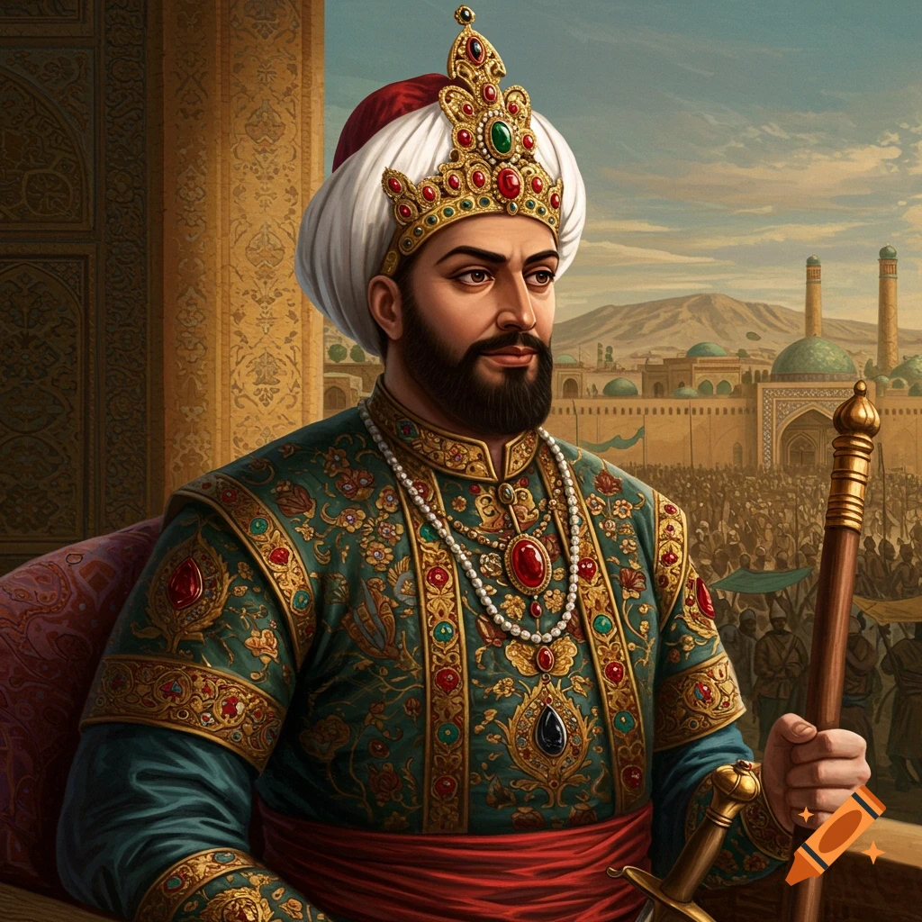 A man in elaborate historical Persian attire with a crowd and city in the background