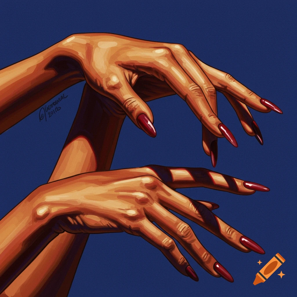 Two pairs of hands with long red nails are shown against a blue background.