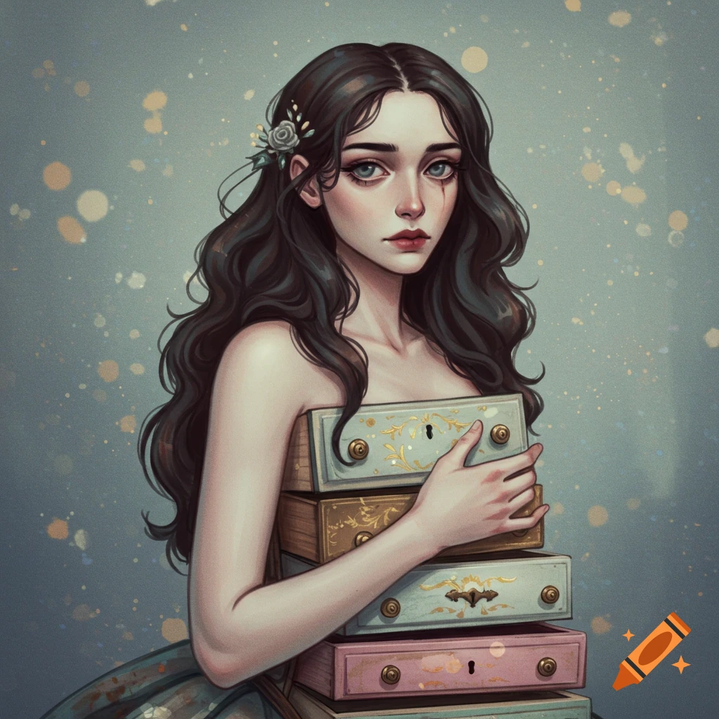 A melancholy woman wearing a dress made of stacked drawers.