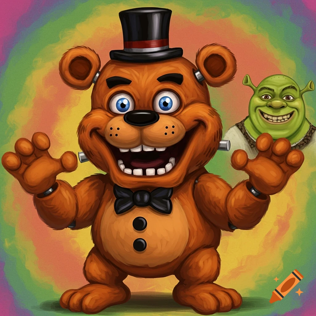 Freddy Fazbear is in the foreground and Shrek is in the background, on a colorful background.