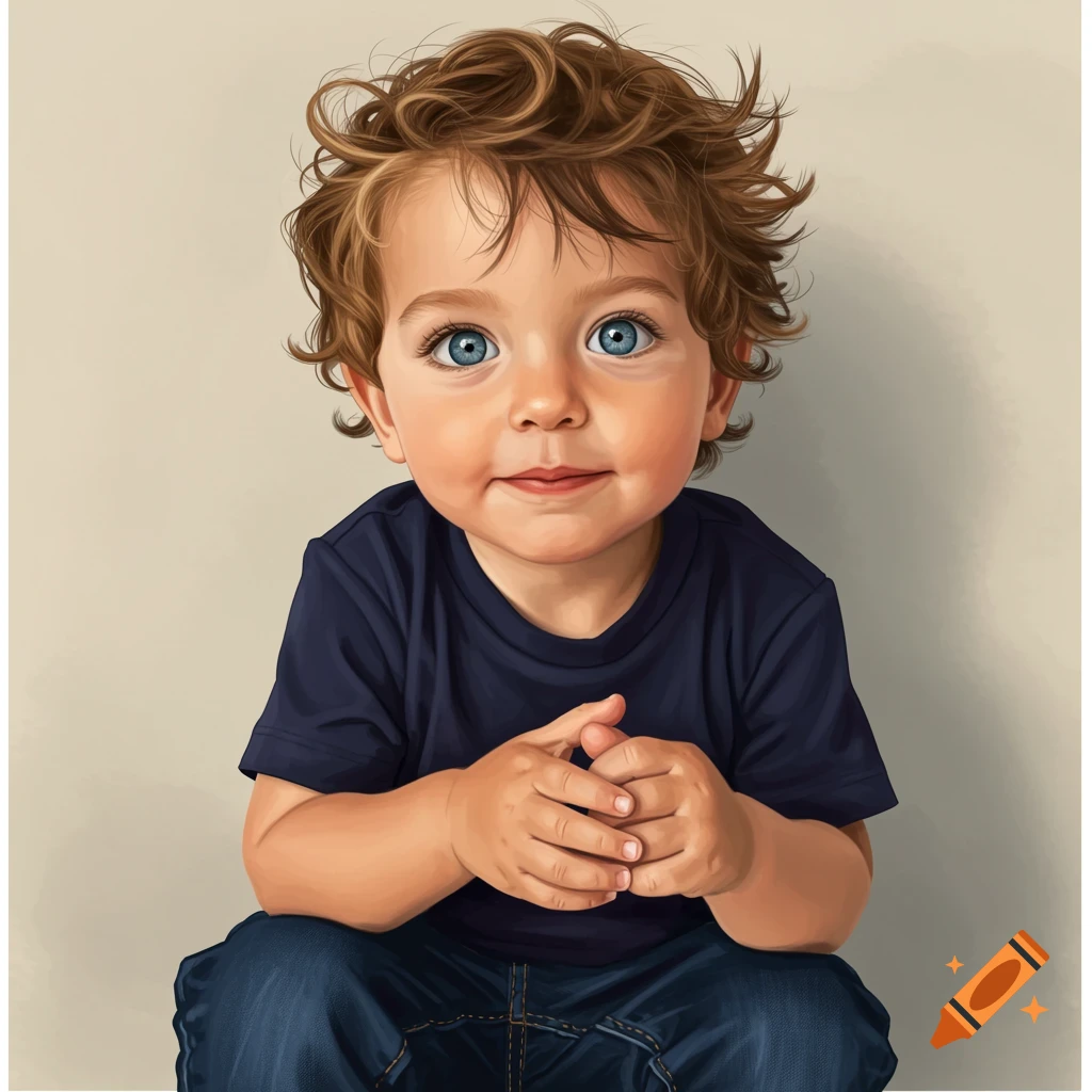 Portrait of a young boy with curly brown hair, blue eyes, and a playful smile, wearing a navy t-shirt, with hands clasped.