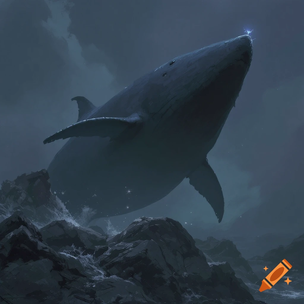 A large dark whale leaps from dark, rocky water into a cloudy sky.