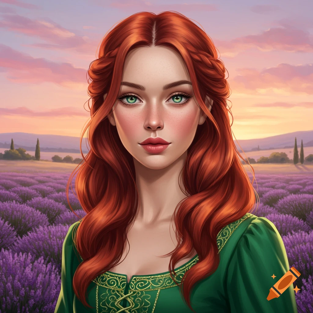 a woman with long red hair in a lavender field at sunset