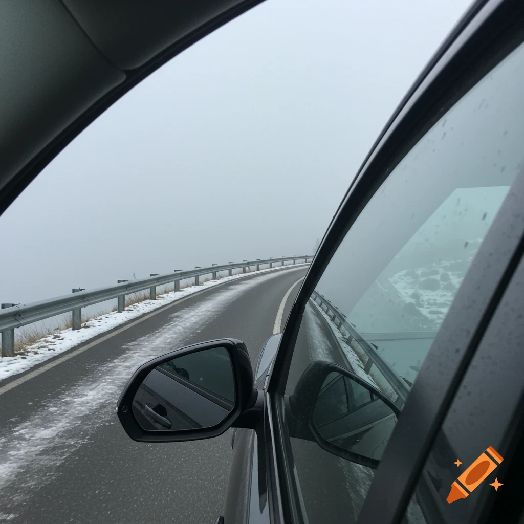 View from a car window on a foggy winter road with snow and a guardrail.